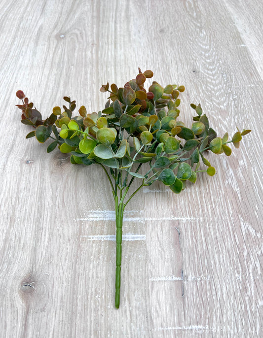 Full view of Bronze Tips artificial eucalyptus bush showing overall shape, branching, and foliage