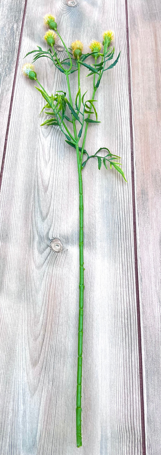 Full view of our Yellow Meadow Pod Spray featuring six tufted pods on a branching floral spray