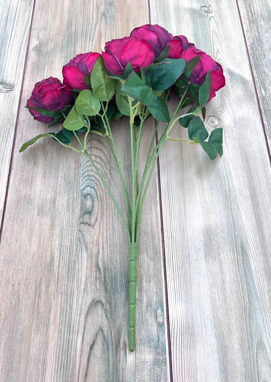 Artificial Raspberry Plum cabbage rose bush featuring ten realistic rose blooms and detailed foliage
