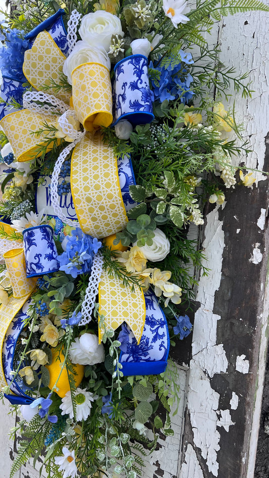 “Blueberry Lemonade” Lemon Welcome Door Swag, Spring Floral Front Porch Decor, Summer Lemon Housewarming Gift