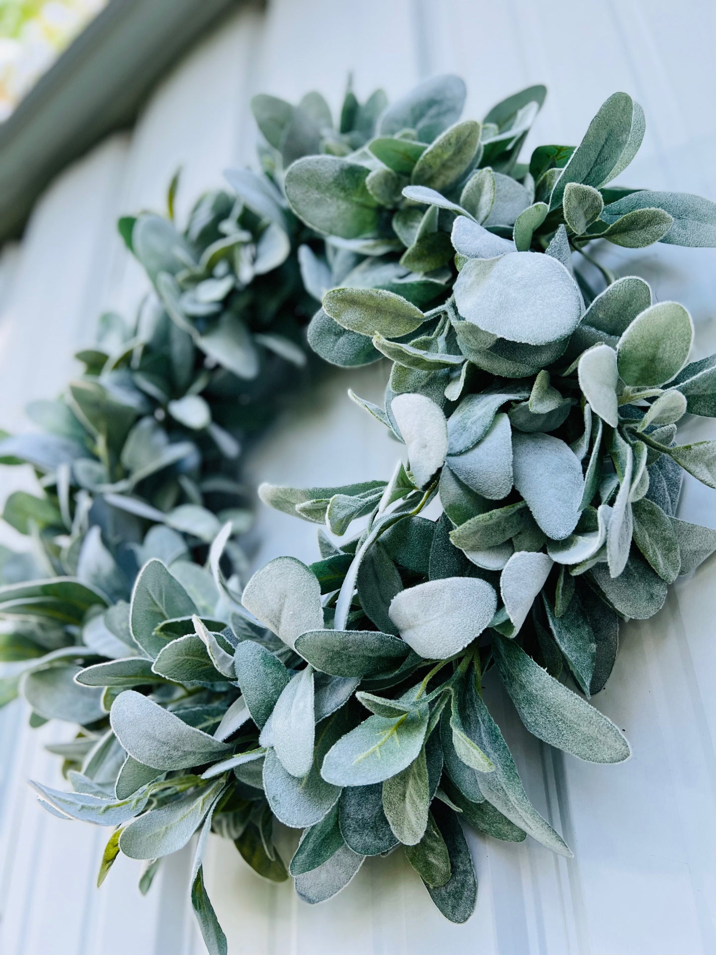 Silver Meadow greenery wreath shown in a close detail view showcasing velvety lamb's ear foliage with natural variation and realistic texture