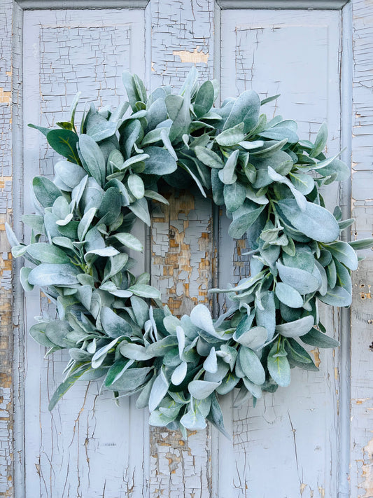Silver Meadow lamb's ear greenery wreath featuring layered lamb's ear foliage creating a soft sage tones shown in full view on a vintage wooden door
