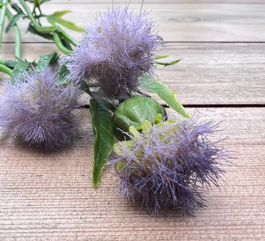 Faux Purple Meadow Pod Spray with soft lavender tufted pods sourced by Gardenbug Designs