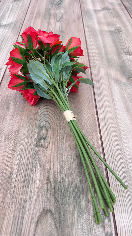 A Supporting Elements selection our Coral Rose Bundle featuring 10 rose stems and coordinating greenery bundled for convenience
