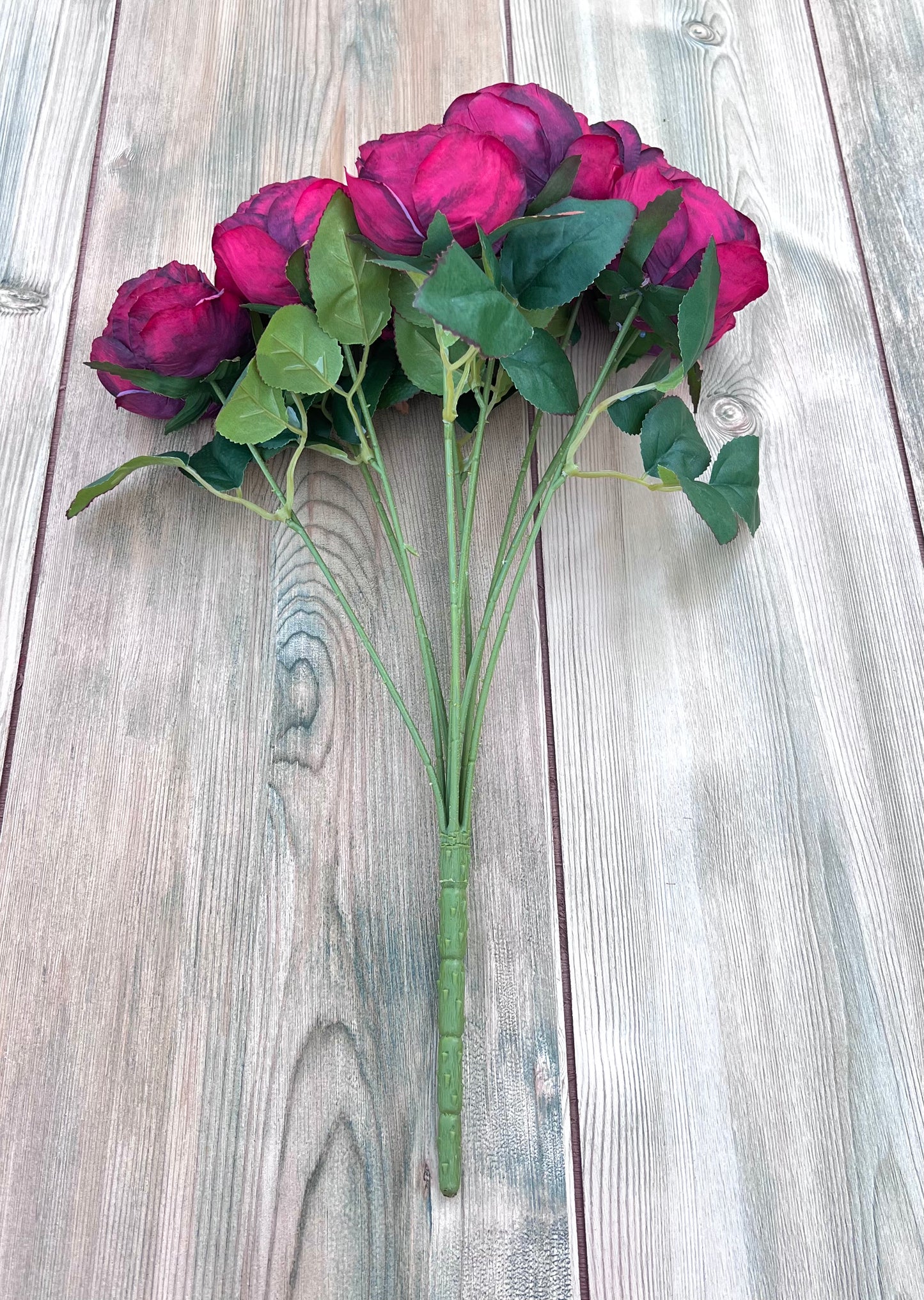 Artificial Raspberry Plum cabbage rose bush featuring ten realistic rose blooms and detailed foliage