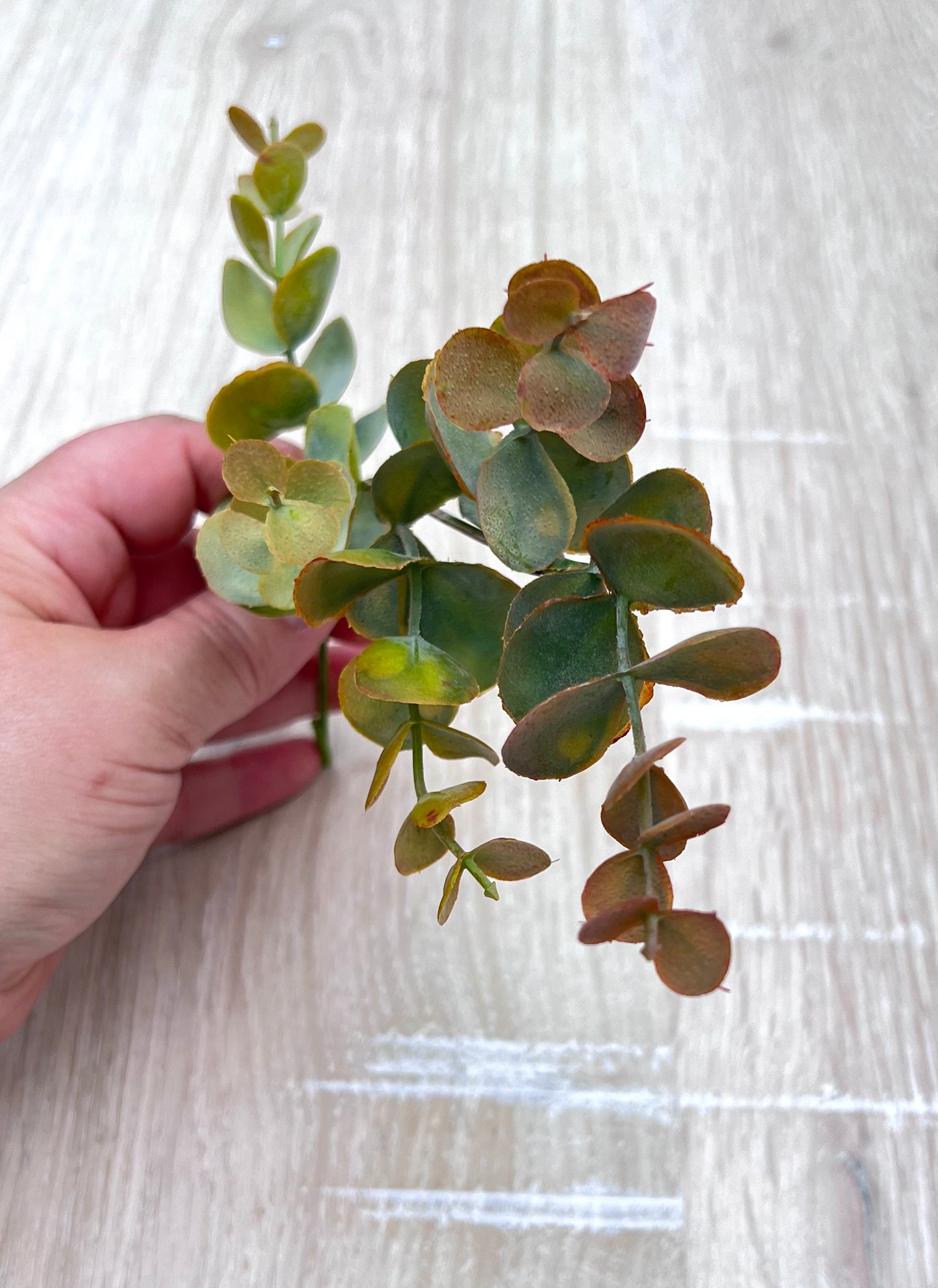 Textural detail of Bronze Tips artificial eucalyptus foliage showing layered leaf surfaces and natural variation