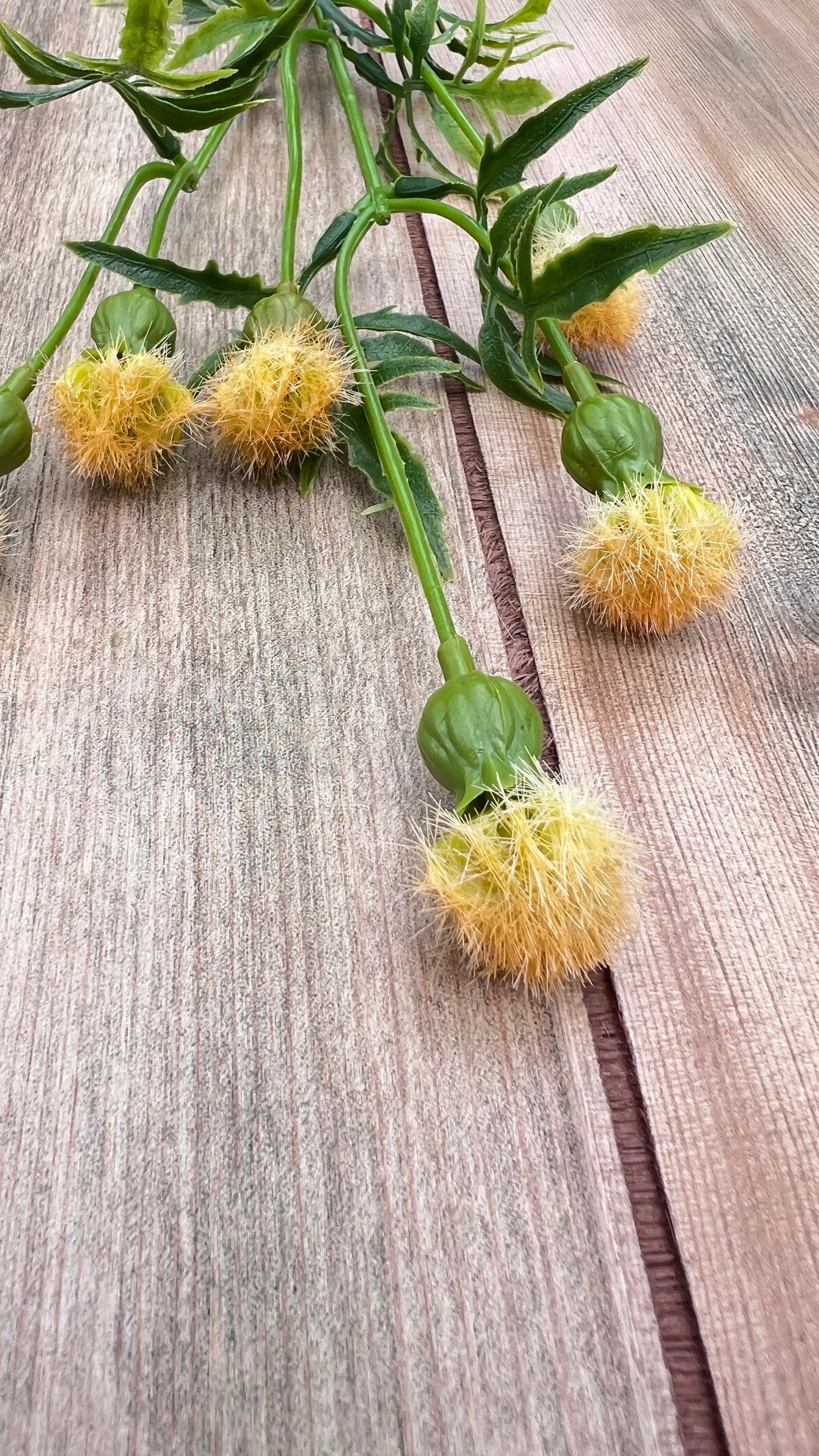 Texture detail of our Yellow Meadow Pod Spray featuring soft yellow tufted pod accents