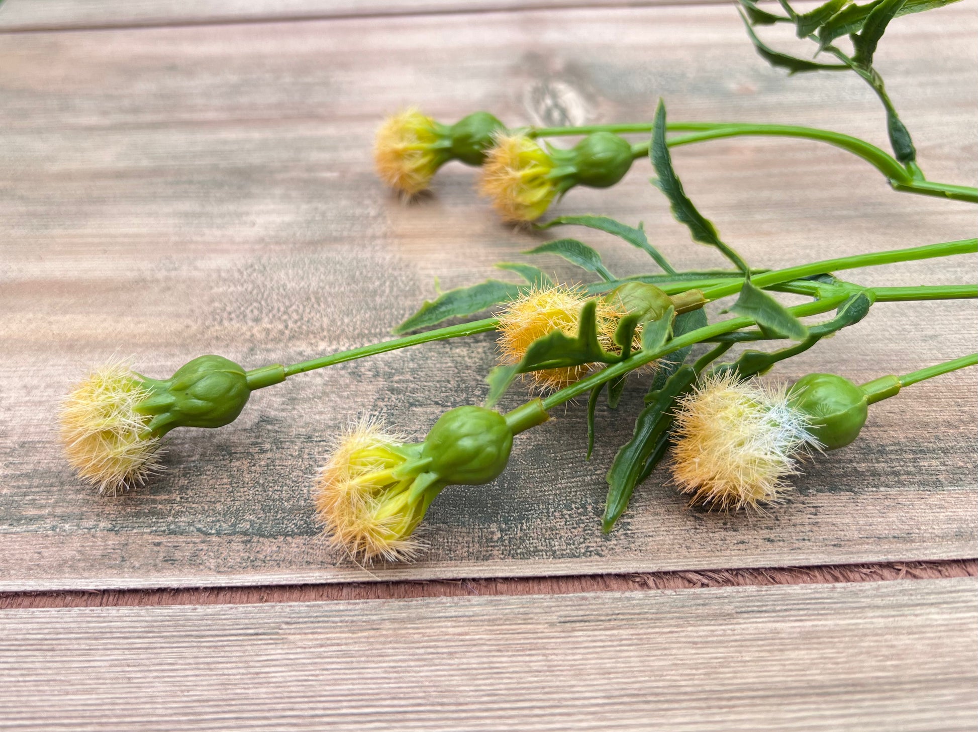 Color detail of the Yellow Meadow Pod Spray showing sunny yellow and fresh green tones