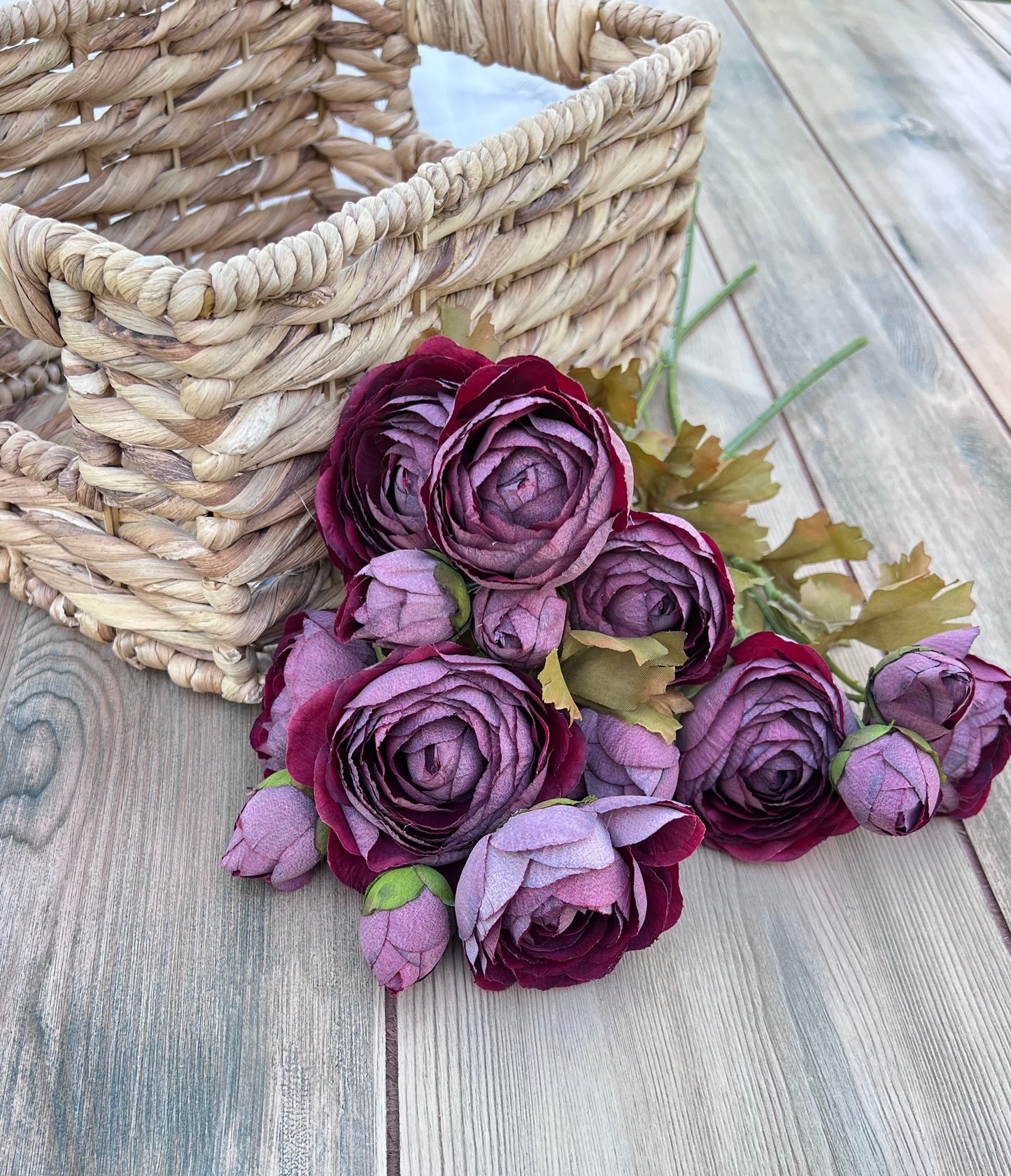 Designer view of the faux Burgundy Ranunculus Bundle highlighting its gathered form, layered blooms, and rich burgundy tones for floral design inspiration.