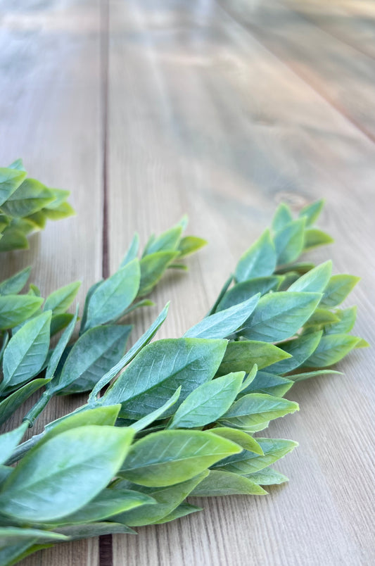 Italian Ruscus Bush, a faux greenery bush resting on a wooden surface, showcasing layered foliage and companion-style design characteristics. Sourced by Gardenbug Designs