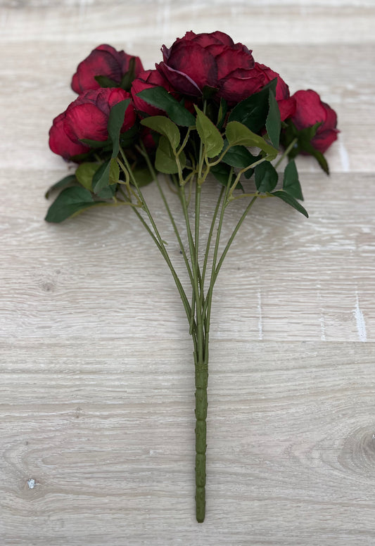 Artificial Cabernet Cabbage Rose bush featuring ten realistic rose blooms and detailed foliage