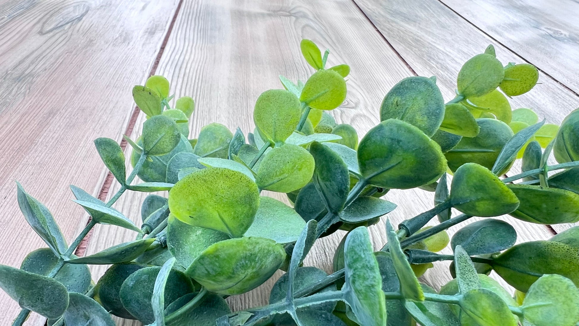 Color detail of our faux Eucalyptus Bush | Spring Green showcasing fresh spring green and deeper eucalyptus tones