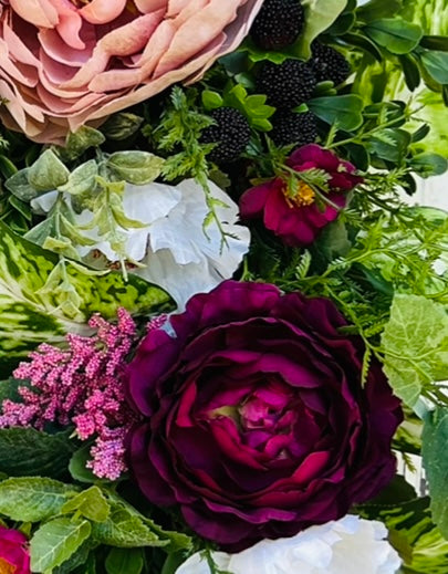 Blackberry Bourbon floral wreath design featuring deep burgundy florals and layered botanical accents | Gardenbug Designs