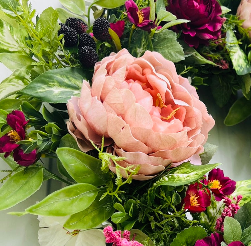 Blackberry Bourbon floral wreath design featuring blush peony focal flowers, blackberries, and layered garden textures | Gardenbug Designs