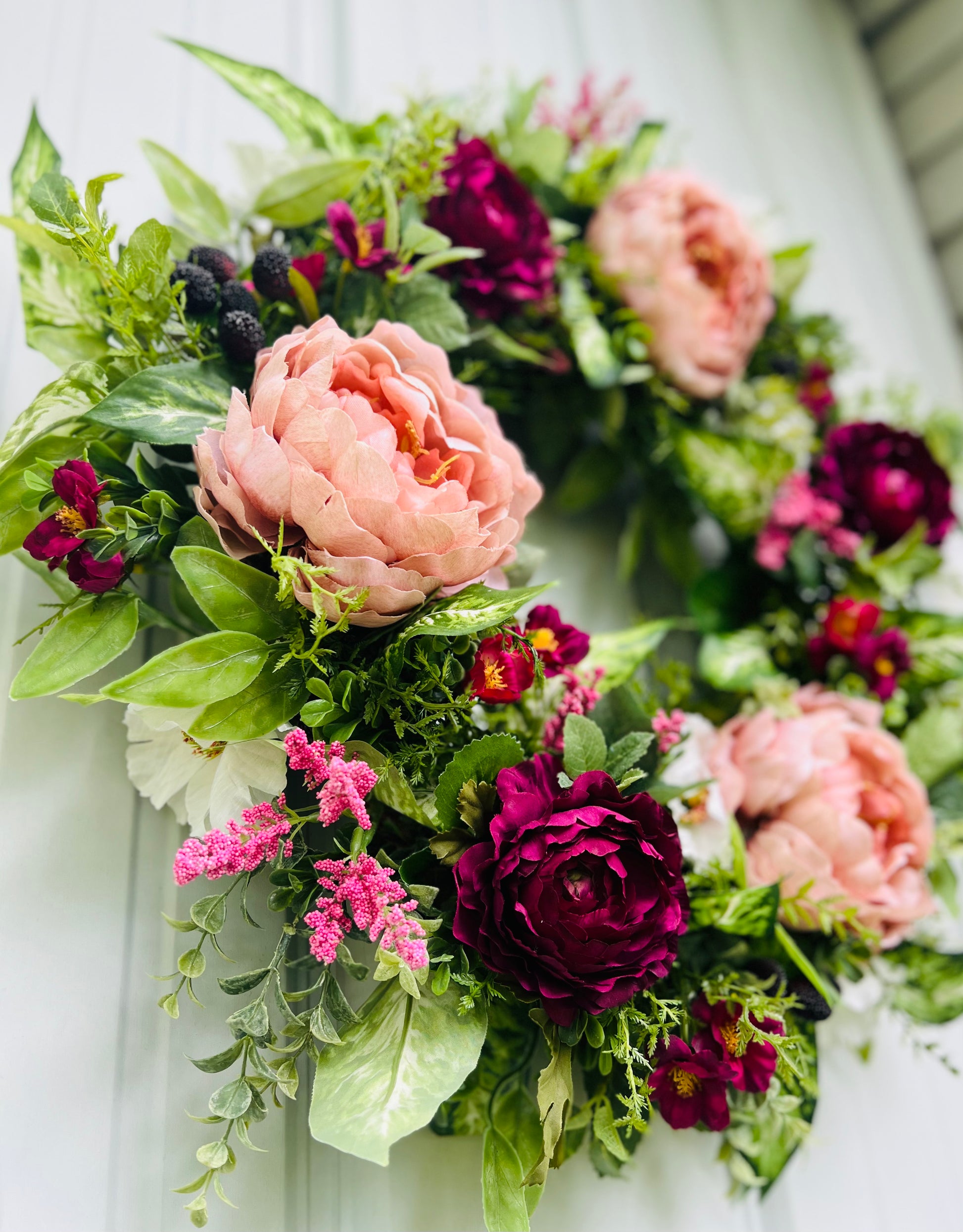 Blackberry Bourbon floral wreath design showing layered depth and dimensional floral construction | Gardenbug Designs