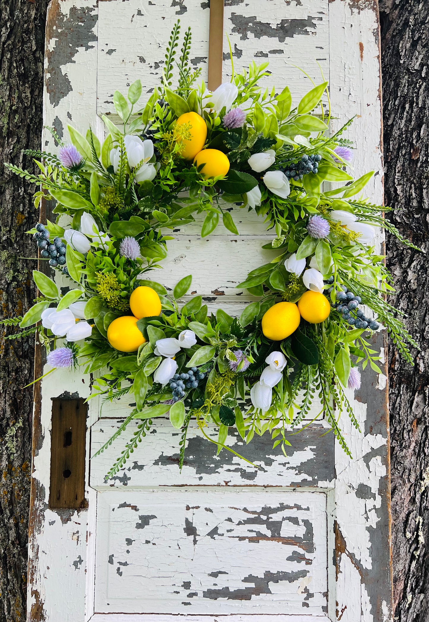 Meyer Grove lemon botanical wreath with realistic citrus, white tulips, and greenery for spring and summer front door decor by Gardenbug Designs.