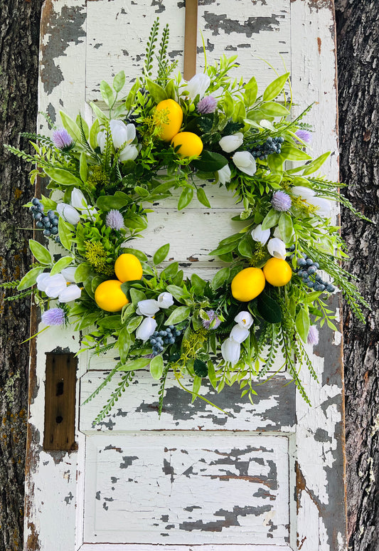 Meyer Grove lemon botanical wreath with realistic citrus, white tulips, and greenery for spring and summer front door decor by Gardenbug Designs.