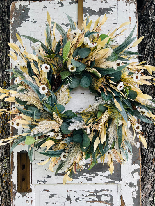 Handcrafted Morning Cottonwood Botanical wreath with cottonwood greenery, eucalyptus and pampas grass accents by Gardenbug Designs.