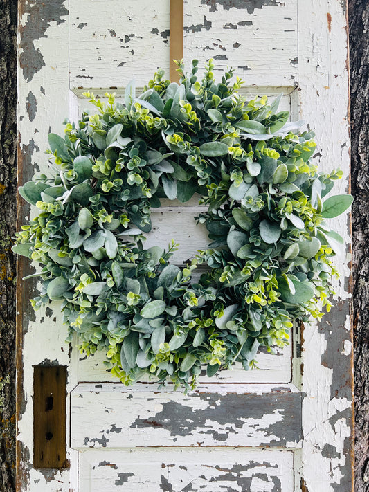 Handcrafted Morning Dawn Botanical wreath with lamb's ear and eucalyptus greenery for year-round front door decor by Gardenbug Designs.