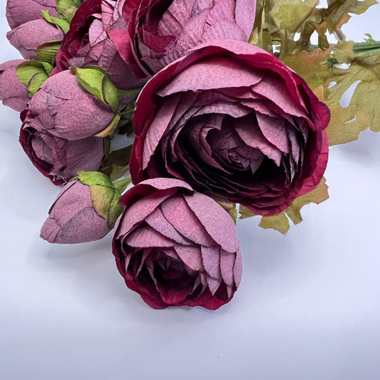 Burgundy ranunculus faux floral bundle with layered blooms and realistic petal detail, selected for wreaths and seasonal floral designs — Gardenbug Designs