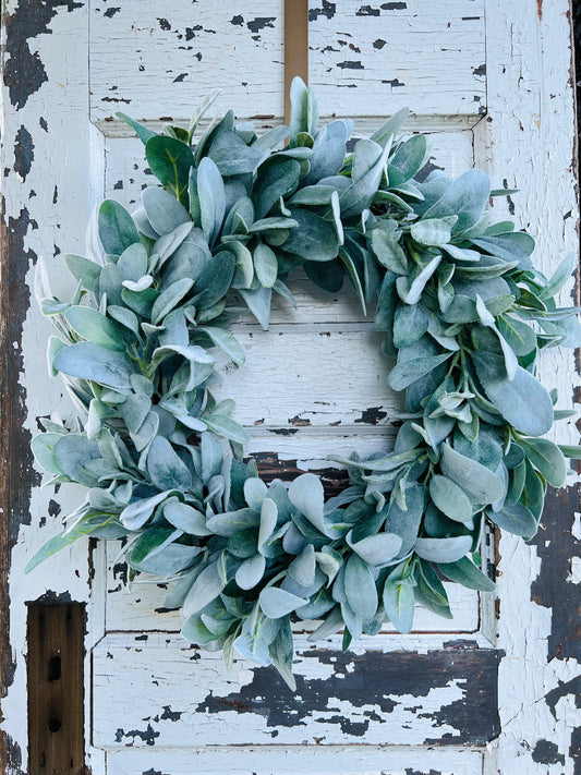 Handcrafted Silver Meadow Botanical wreath with soft silver greenery on  grapevine base by Gardenbug Designs.