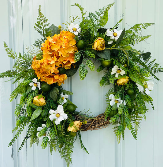 Clean full view of Moscow Mule botanical wreath showing balanced asymmetrical design and cascading greenery composition
