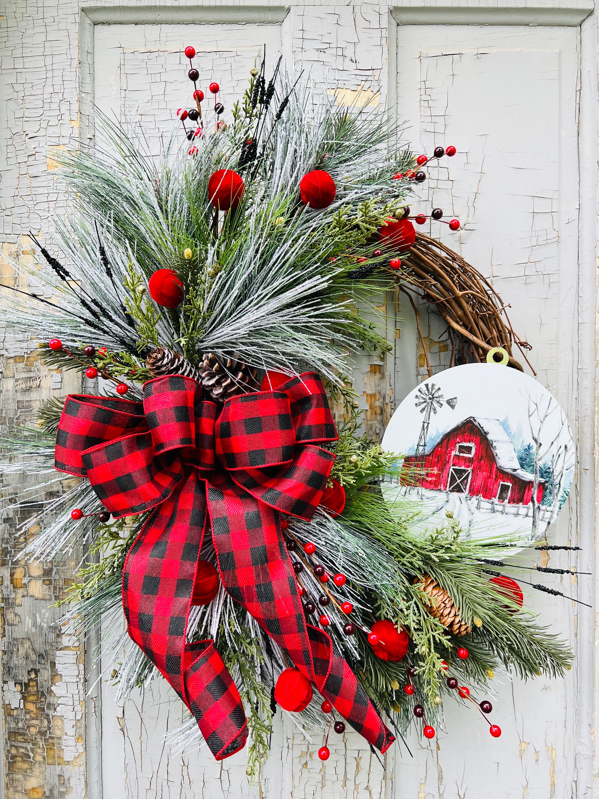 Red & Green Ribbon Grapevine Wreath